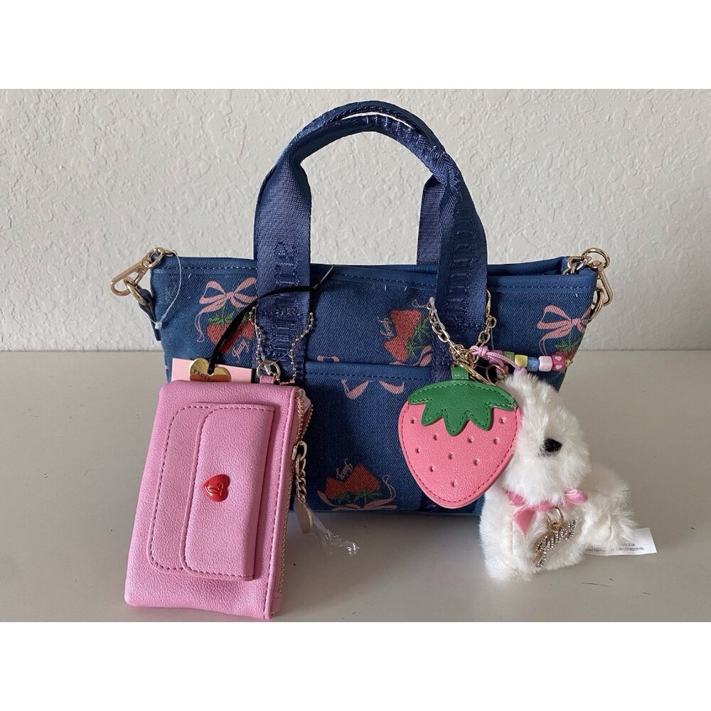 Juicy Couture Strawberry Festival Mini Tote Bag Denim Multi W/Coin Purse & Charm - Picture 1 of 14